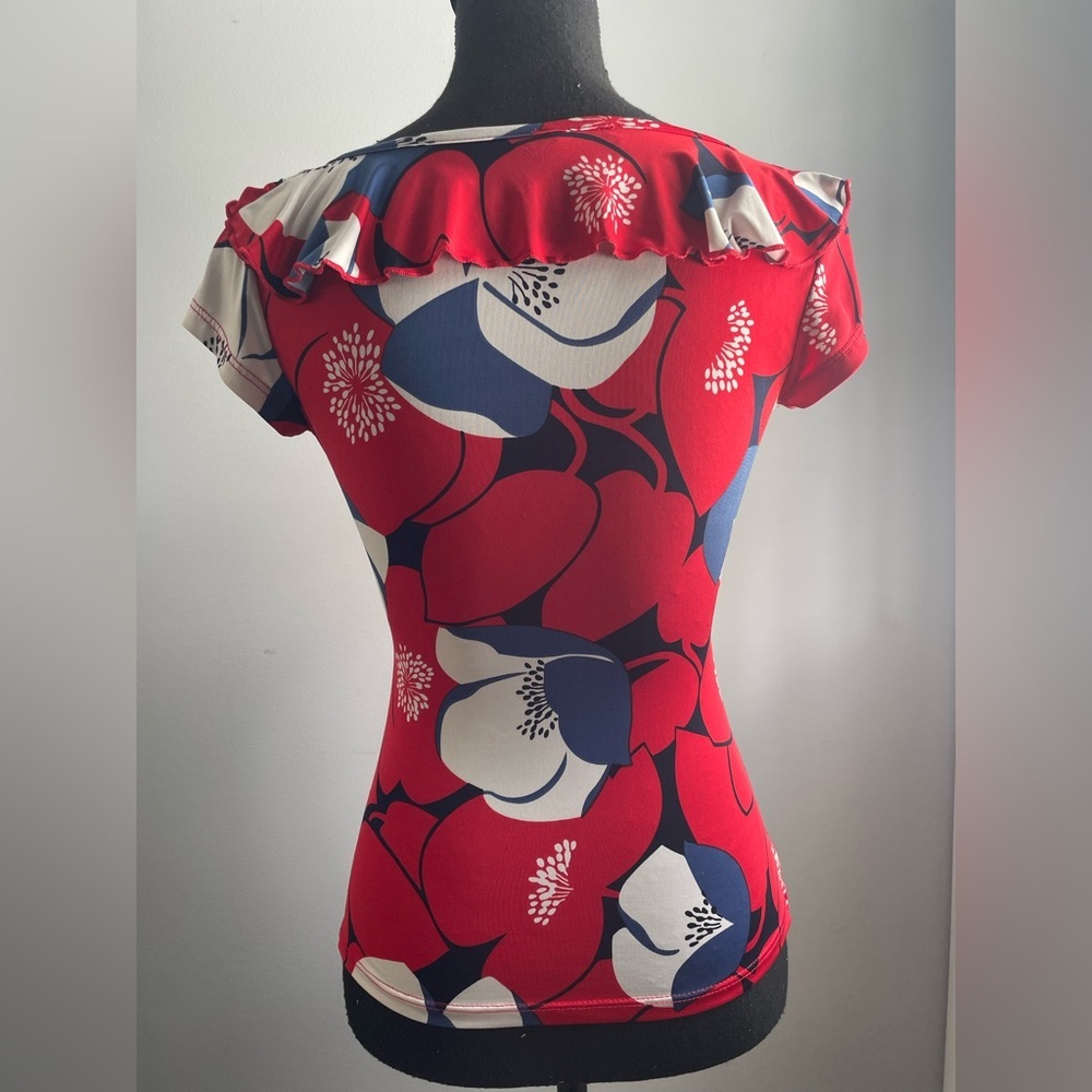 Floral Ruffle V-Neck Top - Red and Blue - Picture 3 of 5